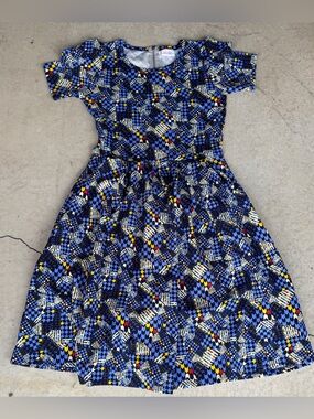 Ms. Frizzle Blue Red yellow Geometric Zip Back Fit Flare Dress M Pockets teacher